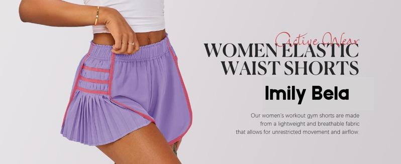 Imily Bela Womens Workout Gym Shorts Running Pleated Contrast Stitch Elastic Waist Athletic Quick Dry Shorts