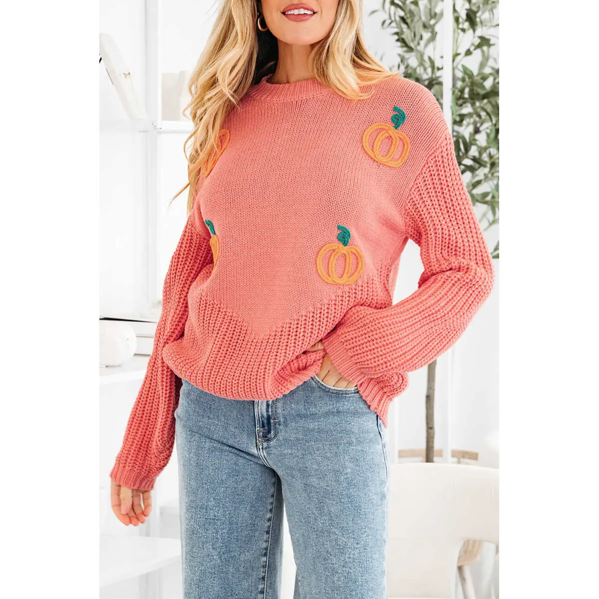 Women's Embroidered Blossom Pumpkin Long Sleeve Casual Knit Top, Thanksgiving Holiday Sweater, Embroidery, Tops
