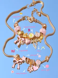 Back-To-School Polka Dot Bear Bow Charm Bracelet Necklace Set, Leopard Print Lucky Number 777 Bracelet, Heart Bow Necklace, Fashion Jewelry Set