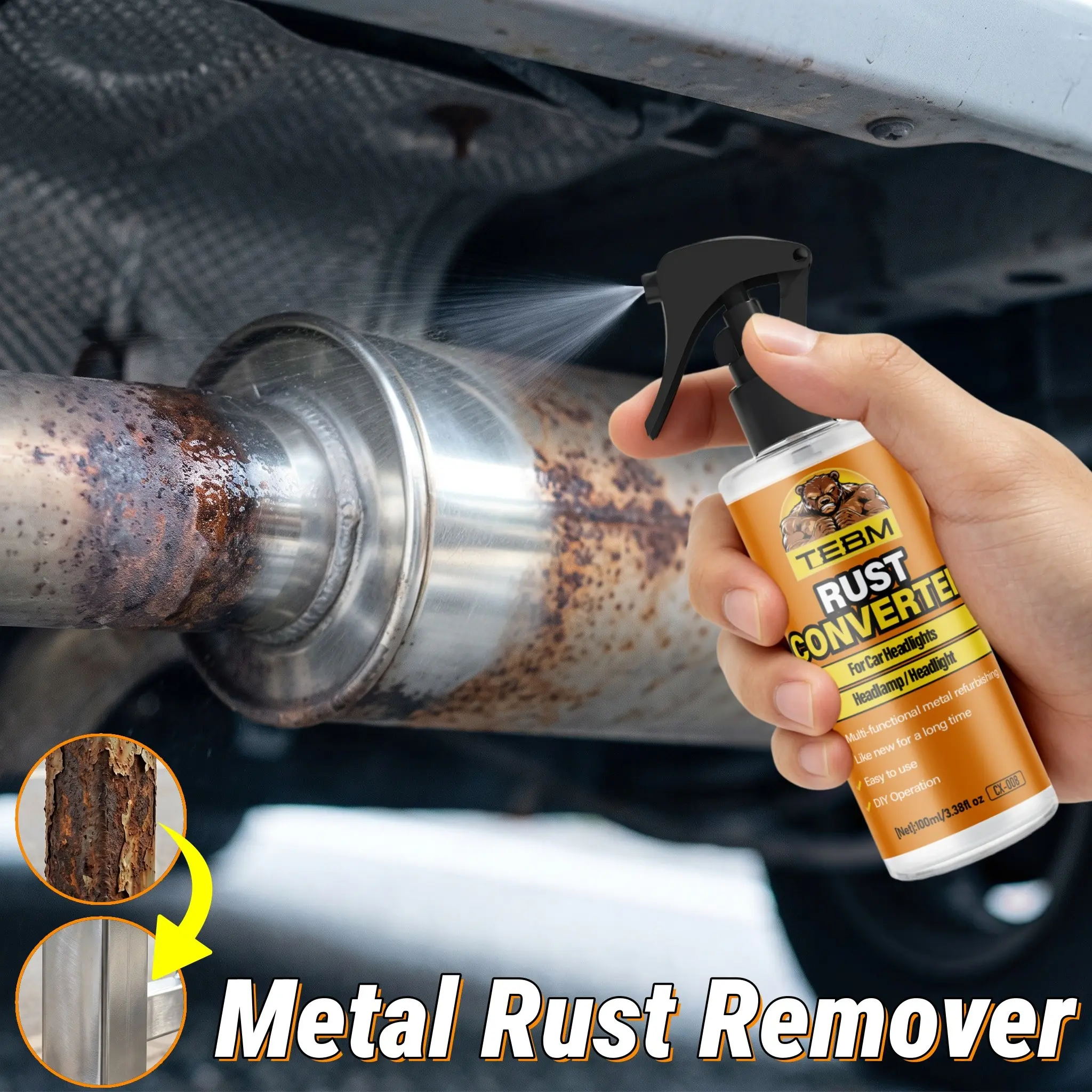 Car Rust Remover Spray, Automotive Rust Remover, Metal Surface Renovation, Suitable for Chrome, Iron, Alloy, Steel, Easy to Use, No Residue, Safe for Plastic and Rubber