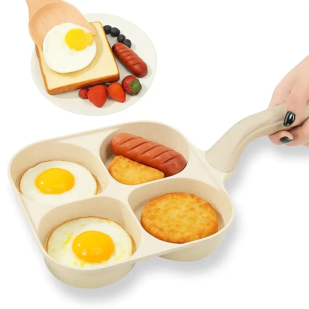 4-Hole Nonstick Granite Coated Frying Pan - Multifunctional Omelette Pan, Anti-Scald Wooden Handle, Easy to Clean, Gas & Induction Compatible Quick Breakfast Home Kitchen Gadget, Multifunctional Frying Pan