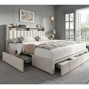Bed Frame with Storage & Headboard, Upholstered Queen or Full Size Divan Beds with Drawers & Shelves, Luxury Bed Frames- Modern Luxury Home Interior Furniture