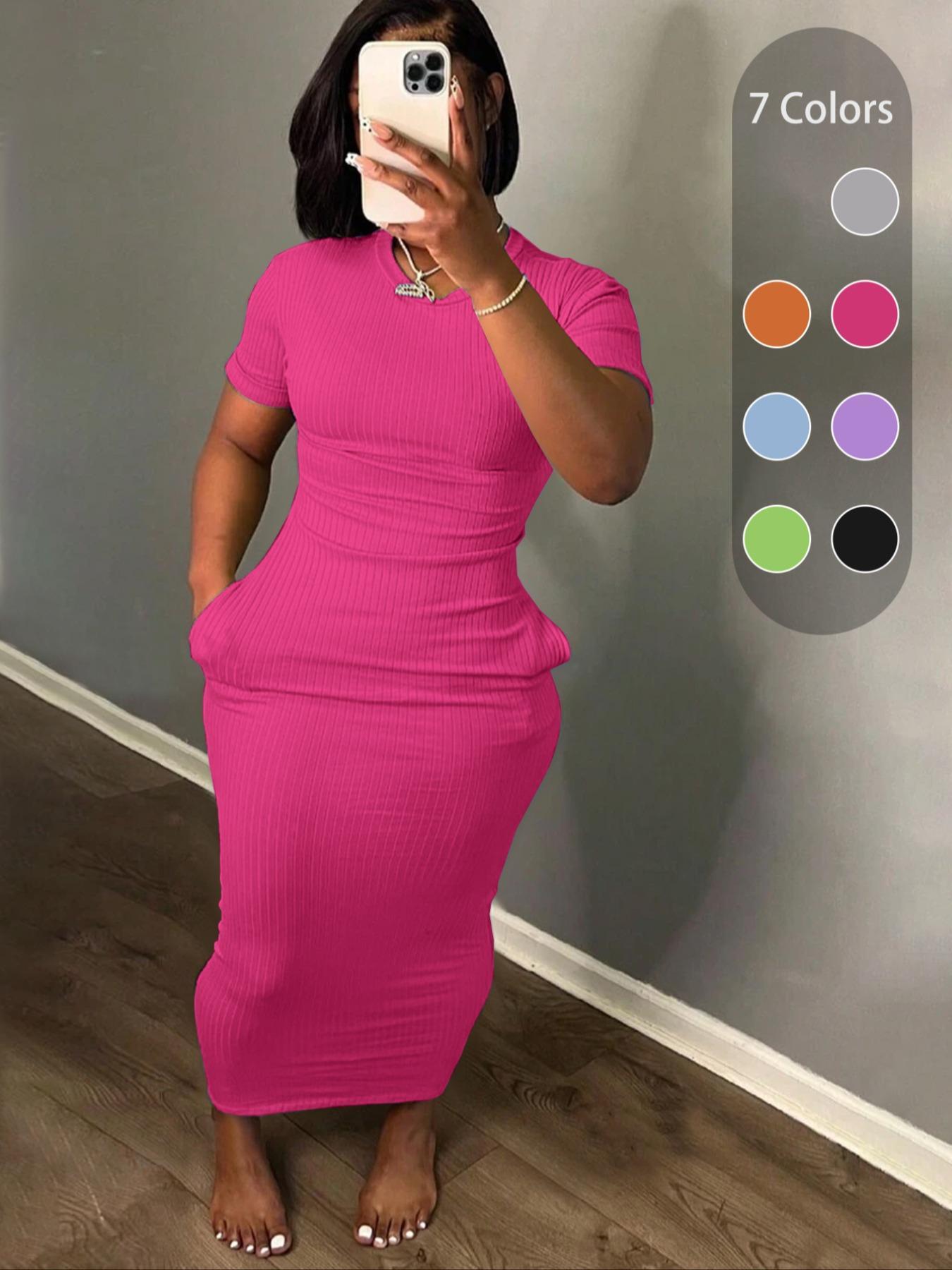 Plus Size Plain Pocket Round Neck Bodycon Fit Dress, Casual Short Sleeve Ribbed Long Dress for Summer, Women's Clothes for Daily Wear