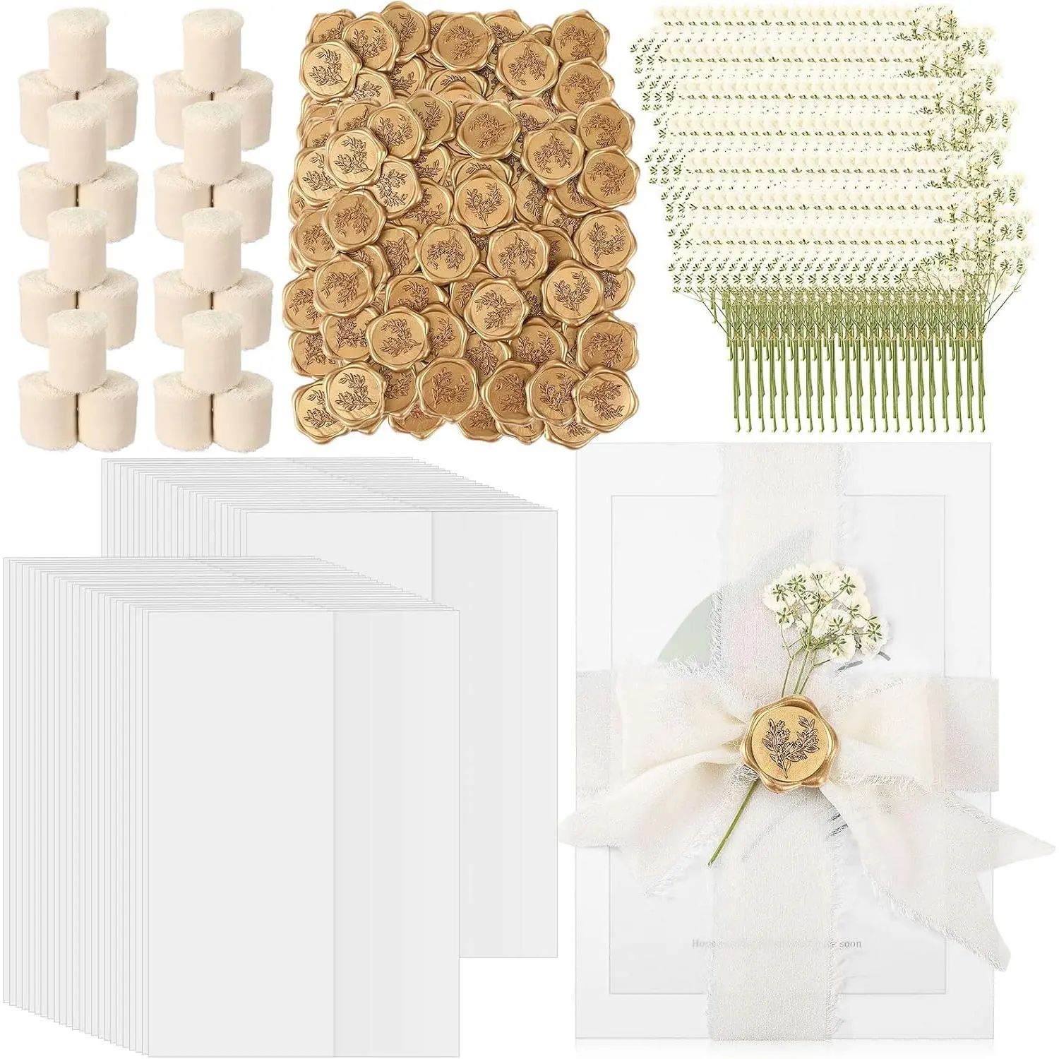 30 Set Wedding Invitations Wraps Set, Classic Style, Beige,  | Pre Folded Vellum Jackets for 5 x 7 Invitations, Self Adhesive Wax Seal Stickers, Dried 's Breath, Chiffon Silk Ribbon