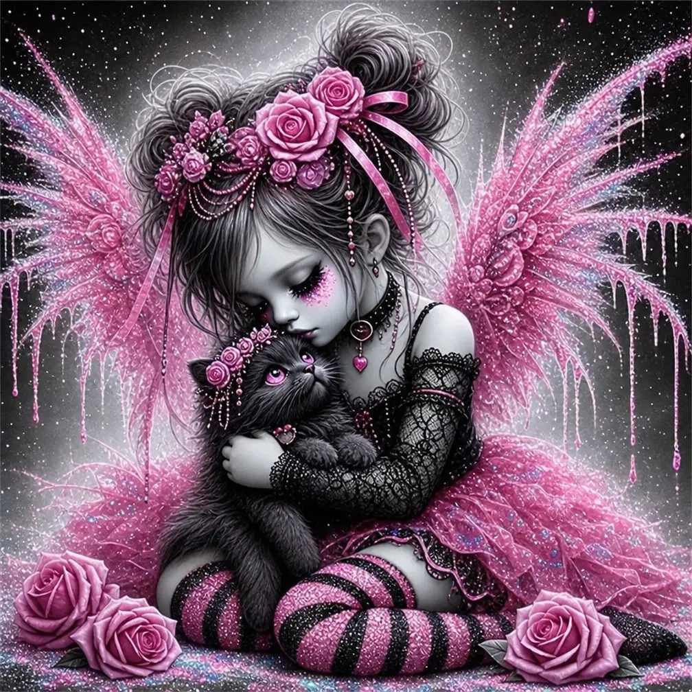 New High-Definition 5D Diamond Painting DIY Kit Pink Wing Gothic Fairy Black Cat Pink Rose Glitter Dark Style Portrait Full Diamond Square and Round Diamond Craft Gift Home Wall Decoration Holiday Birthday Gift for Bedroom Decor
