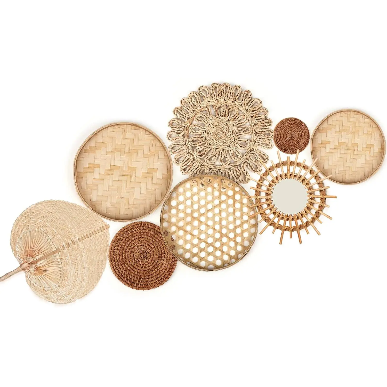 Boho Handmade Geometric Wicker Wall Basket Decor Set (8-Piece) with Rattan Mirror - Minimalist Farmhouse Woven Hanging Decoration for Bathroom, Bedroom, Hangable