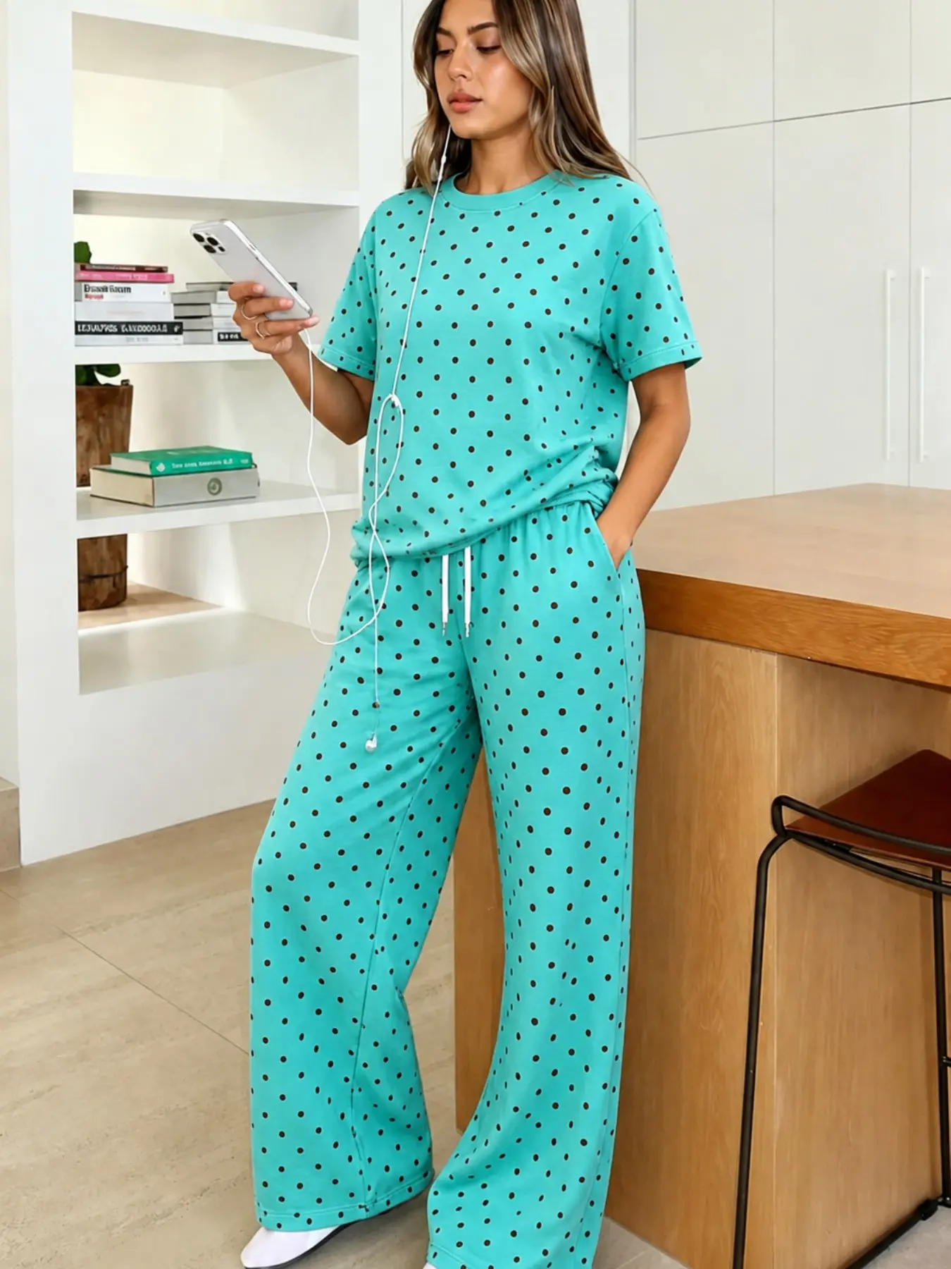 Summer Cute Women's Set, Polka Dot Short Sleeve and Long Pants, 10 Colors Available, Soft Breathable Fabric, Casual Daily Wear Clothes