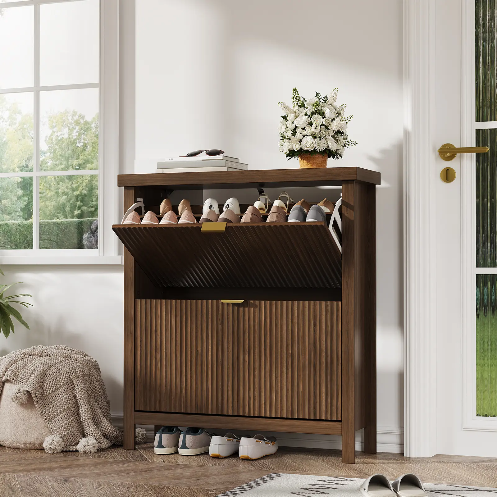 Freestanding Fluted Slim Farmhouse Minimalist Wooden Shoe Storage Cabinet Racks - 2 Reverse-Down Drawers, Adjustable Shelves, Space-Saving Indoor Furniture for Entryway, Hallway
