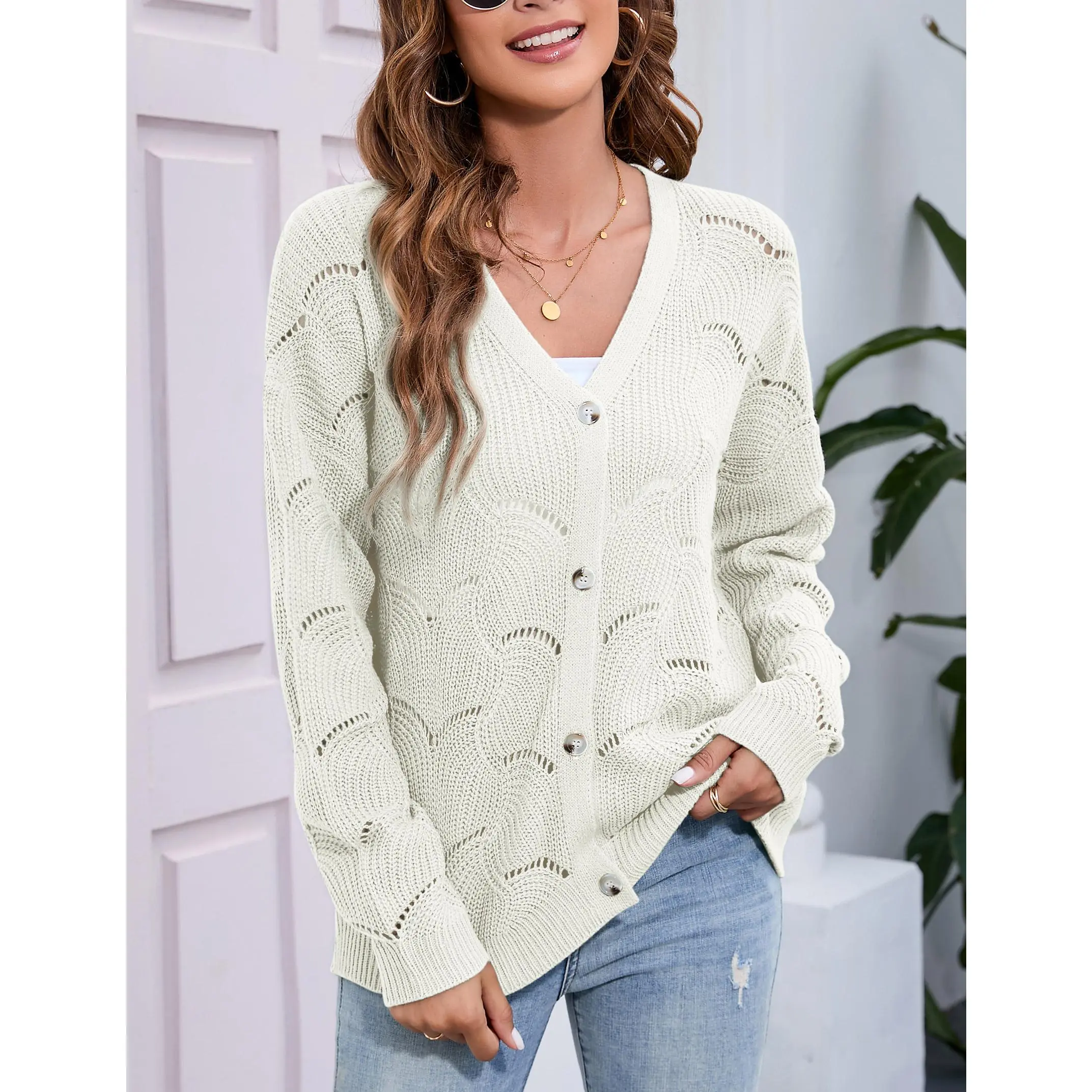 YF Women V-Neck Hollow Out Knit Cardigan, Button Down Long Sleeve Lightweight Openwork Sweater Coat, Casual Layering Knit Outerwear for Spring Fall Daily Office School, Cream Off White Multi Sizes