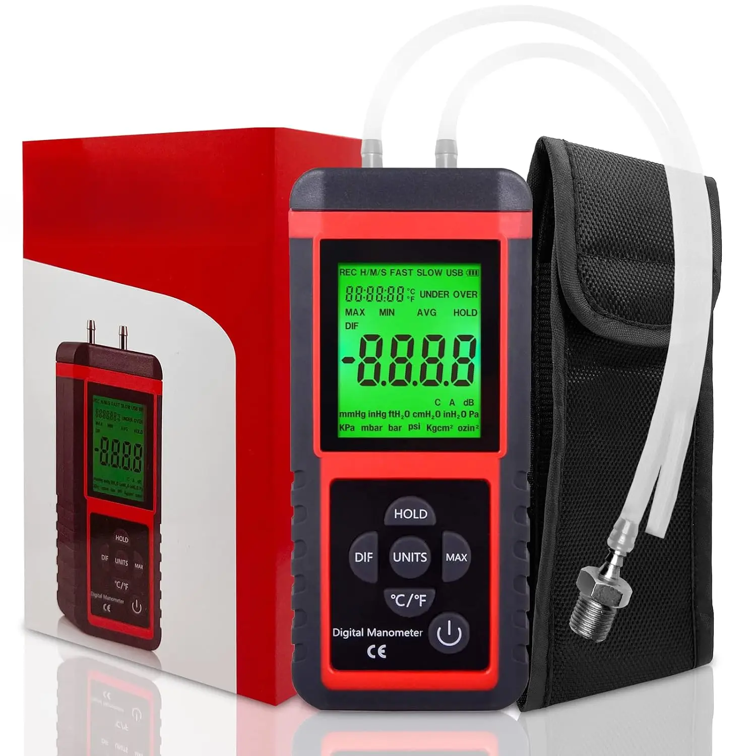 Manometer, Professional Air Pressure Meter, Dual-Port HVAC Digital Manometers Gas Pressure Tester Differential Gauge
