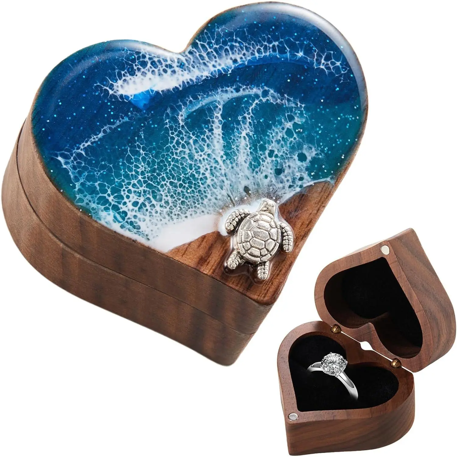 Ocean Resin Heart Engagement Ring Box, Personalized Walnut Wooden Ring Box, Ring Display Box for Proposal, Wedding, Anniversary, Valentine's Day, Birthday, Teacher Appreciation Gifts for Women