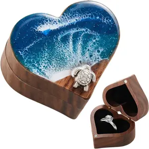 Ocean Resin Heart Engagement Ring Box, Personalized Walnut Wooden Ring Box, Ring Display Box for Proposal, Wedding, Anniversary, Valentine's Day, Birthday, Teacher Appreciation Gifts for Women