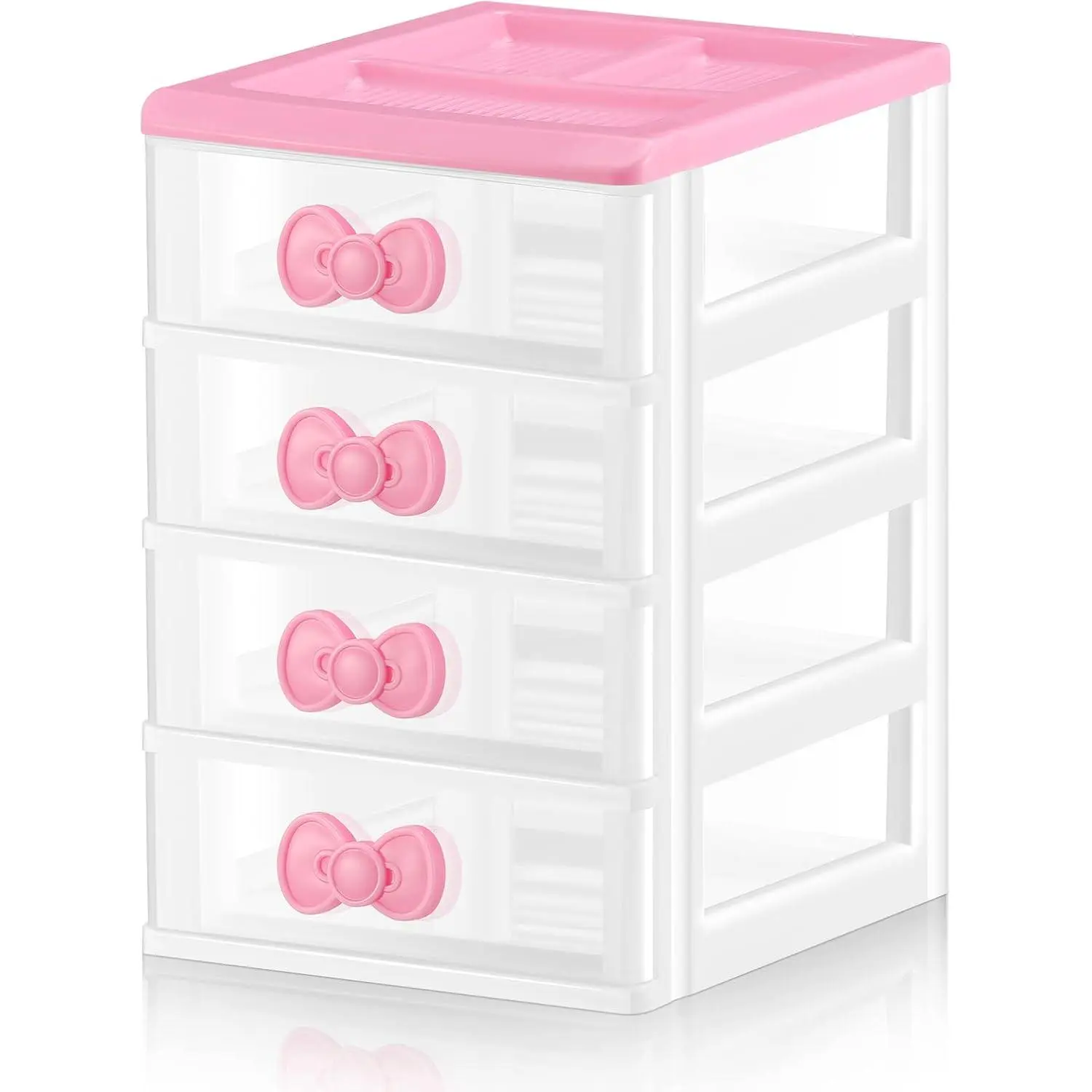 Lovely Receiving Storage Cabinets Kawaii Makeup Organizer with 4 Layers Cute Storage Cabinet Box with Bow Handle Plastic Desktop Storage Box for Home Bedroom Bathroom Women Gifts(Clear)