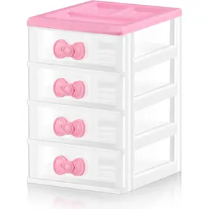 Lovely Receiving Storage Cabinets Kawaii Makeup Organizer with 4 Layers Cute Storage Cabinet Box with Bow Handle Plastic Desktop Storage Box for Home Bedroom Bathroom Women Gifts(Clear)