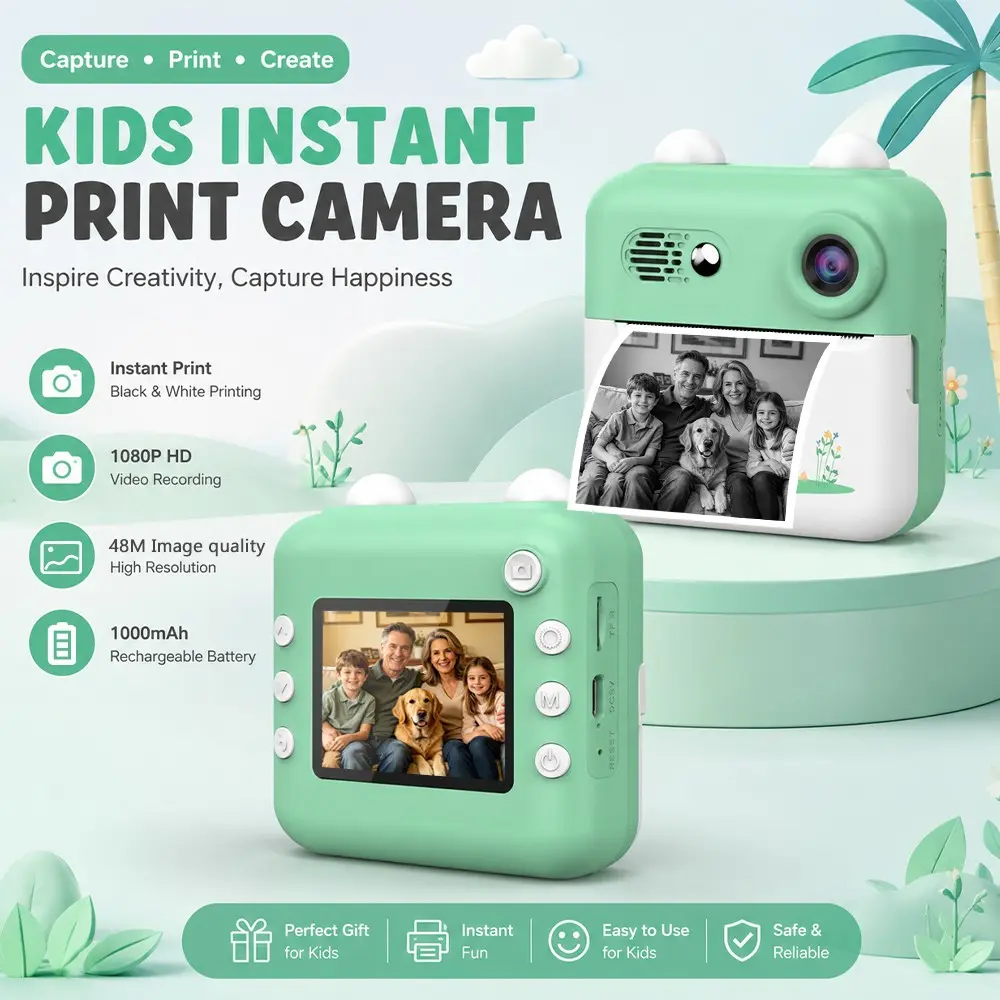 2026 Eco Portable Kids Instant Print Camera, 48MP Dual Lens 1080P Video Recorder, 2.4 Inch IPS Screen, 6 Color Filters & 20 Cute Frames, Puzzle Games, 1000mAh Rechargeable Battery, Black White Print, Ideal Birthday Gift for Children Daily Shooting