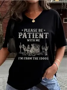 Trendy Plus Size T-Shirt, Casual Loose-Fitting V-Neck Top, Plain Surface, Suitable for All Body Types, Unisex Fashion