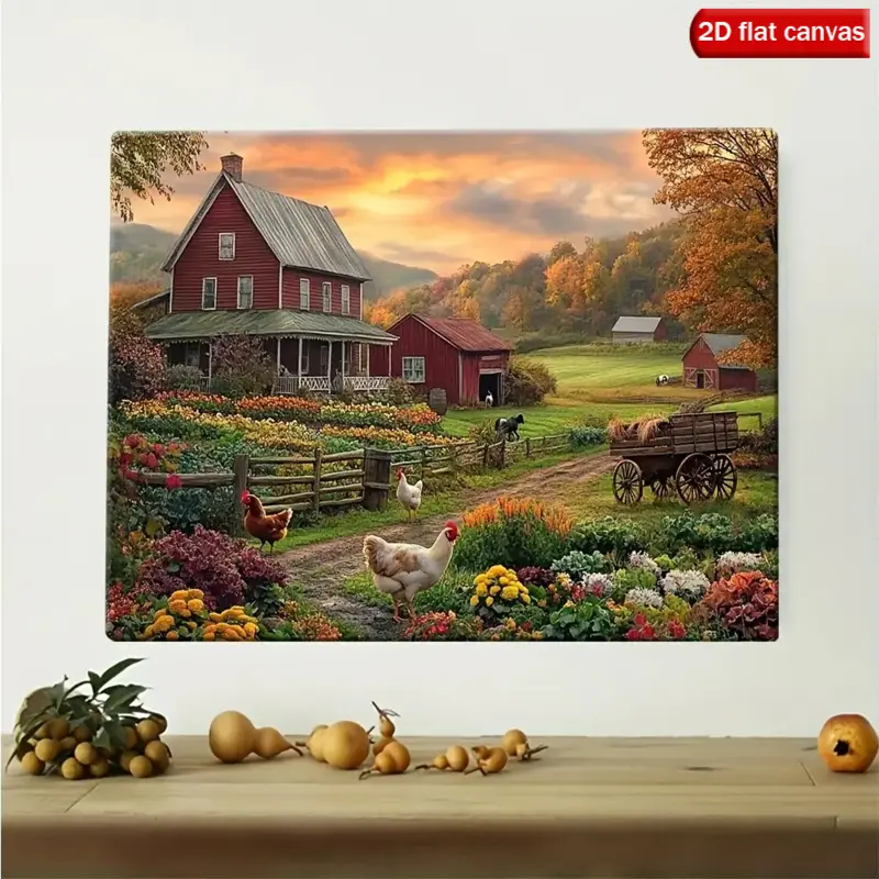 Rustic Farmhouse Wall Art Print with Wooden Frame - Autumn Countryside Scenery, Red Barn and White House, Wrapped Canvas Frame Autumn Scenery, Chicken Coop and Crops, Ready-to-Hang Rustic Decor, Suitable for Living Room, Bedroom, Office, 2D Flat, Perfect