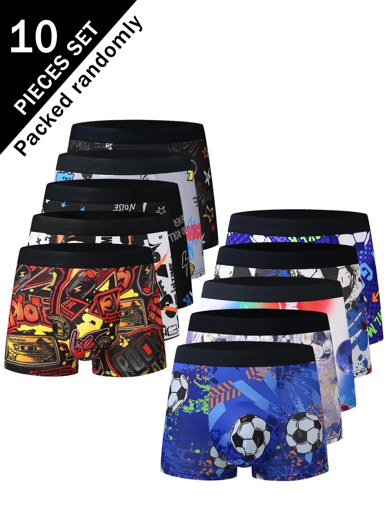 10-Pack Random Print Men's Boxer Briefs, Street Graffiti Football Style, High Elasticity, Comfortable Soccer Sporty Trunks, Youth Fashion, Casual Style Underwear