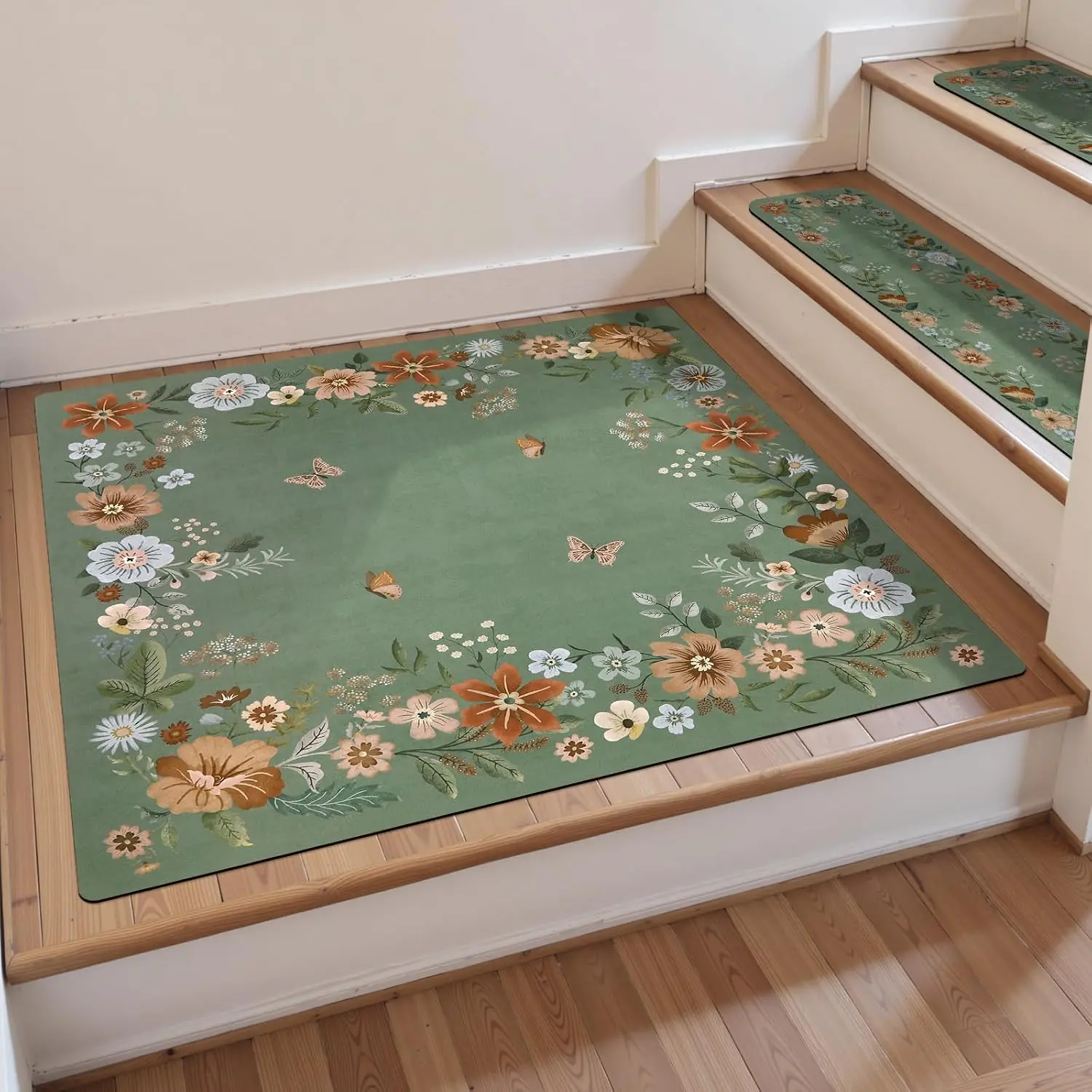 Floral Stair Treads Non-Slip Landinging Mat 31"x31" Stair Runner | Square Carpet Stair Treads for Wooden Steps Indoor Rubber Backing Anti-Slip Stair Matching Mat Stair Rugs, Green