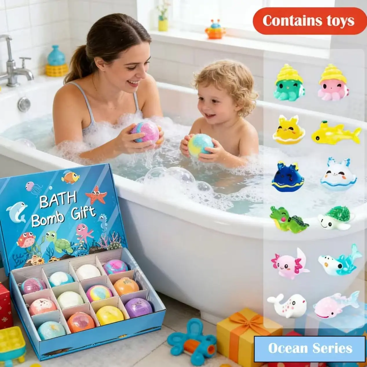 Dynor 2026 Kids Ocean Bath Ball Gift Set, Mermaid Bath Ball Kit with Surprise Toy, Easter Basket Filler, Gentle Foam Bath Balls