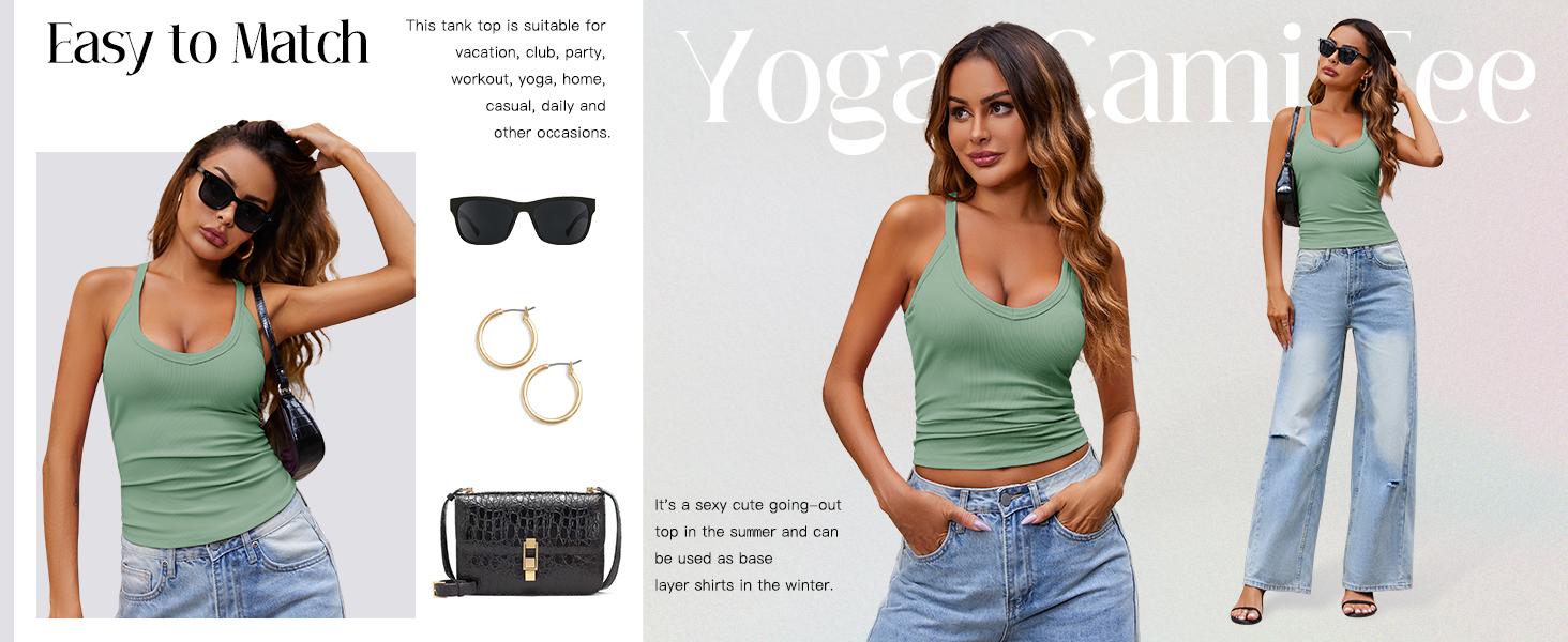 FMEYOA Women Casual Racerback Tank Tops Summer V Neck Ribbed Knit Yoga Workout Camisole Basic Top