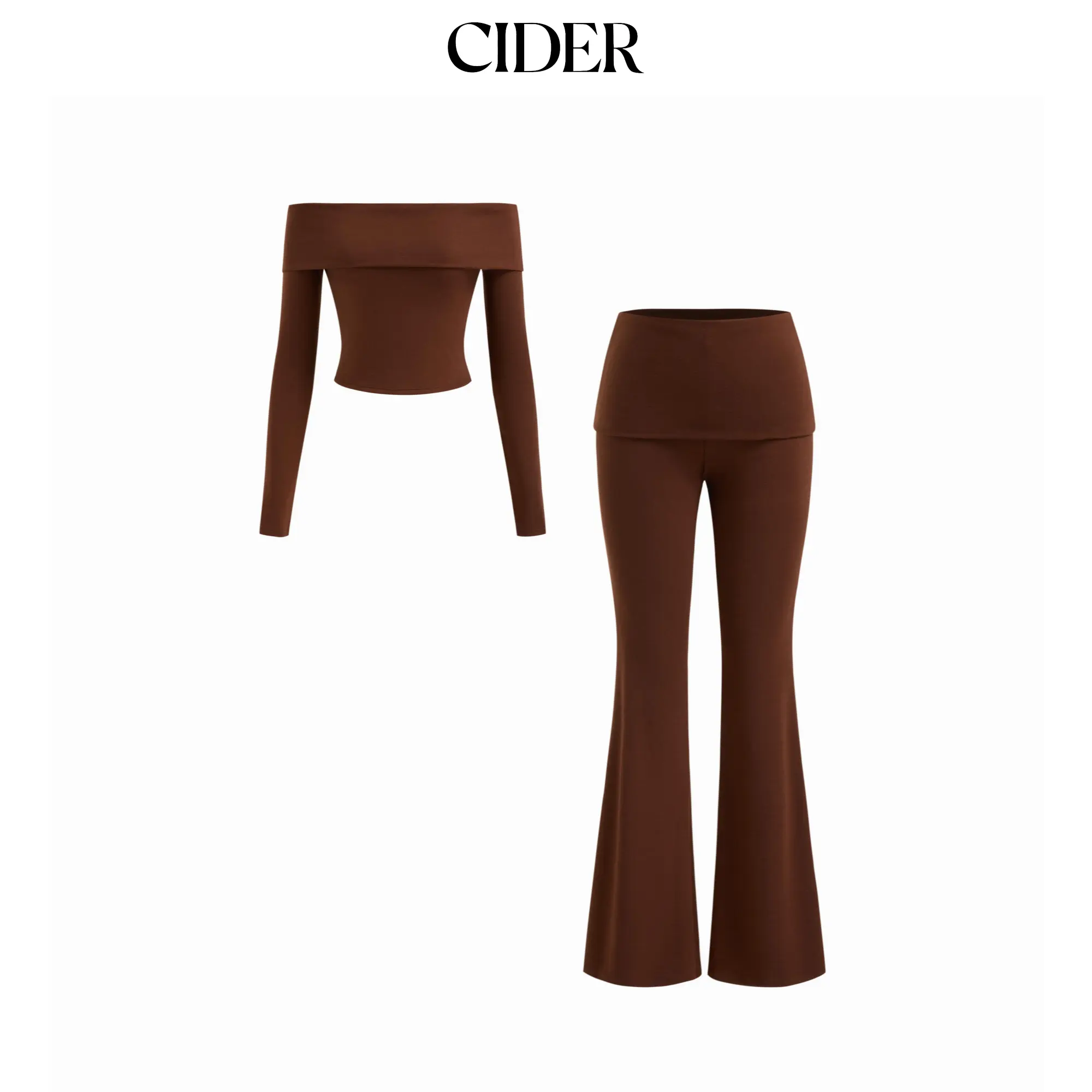 Cider CDR Off-shoulder Long Sleeve Top & Low rise Flared Trousers Set