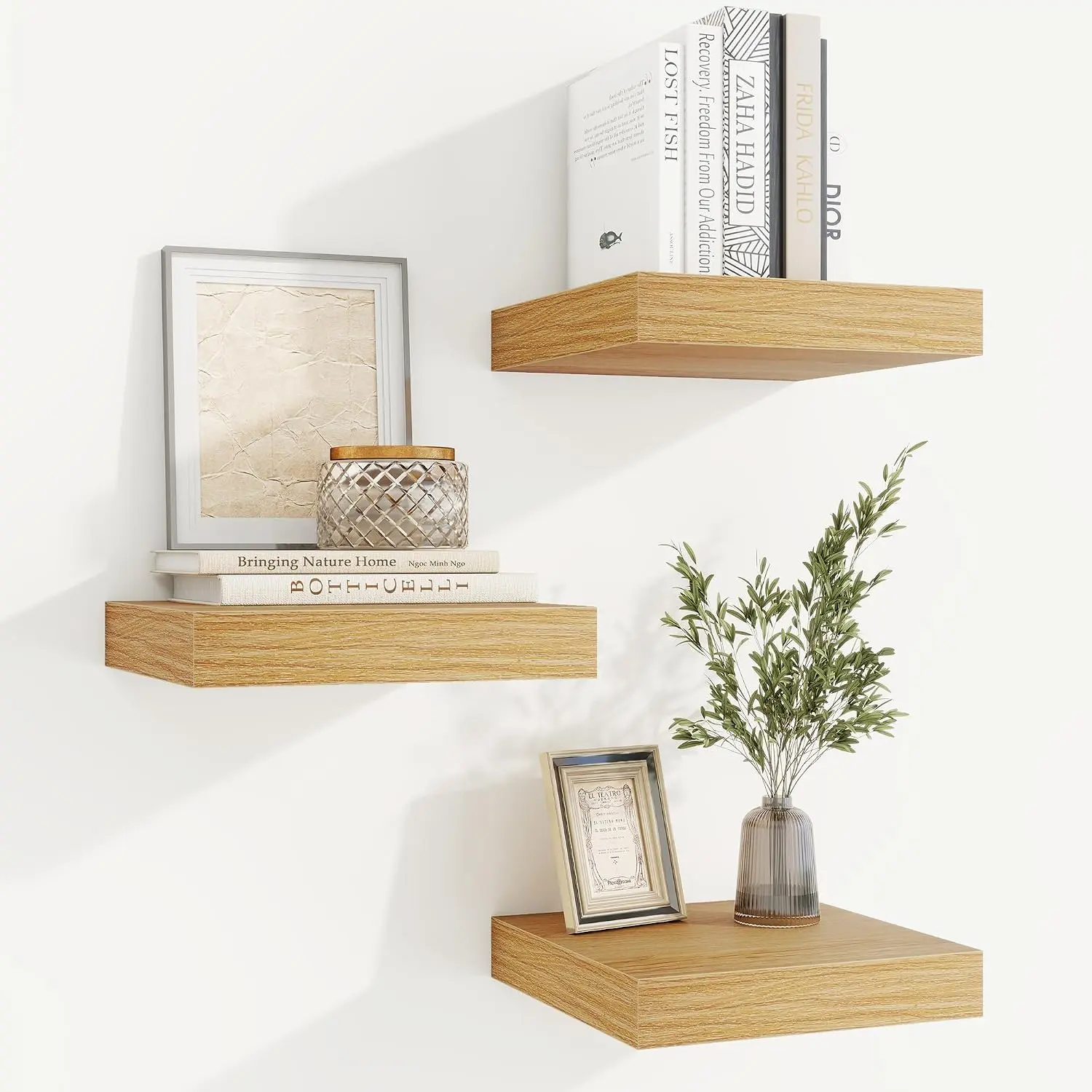 6.5 in Farmhouse Engineered Wood Floating Wall Shelving Set of 3 - Invisible Brackets, Minimalist Rustic Home Decor for Living Room, Bedroom, Wood Display Items