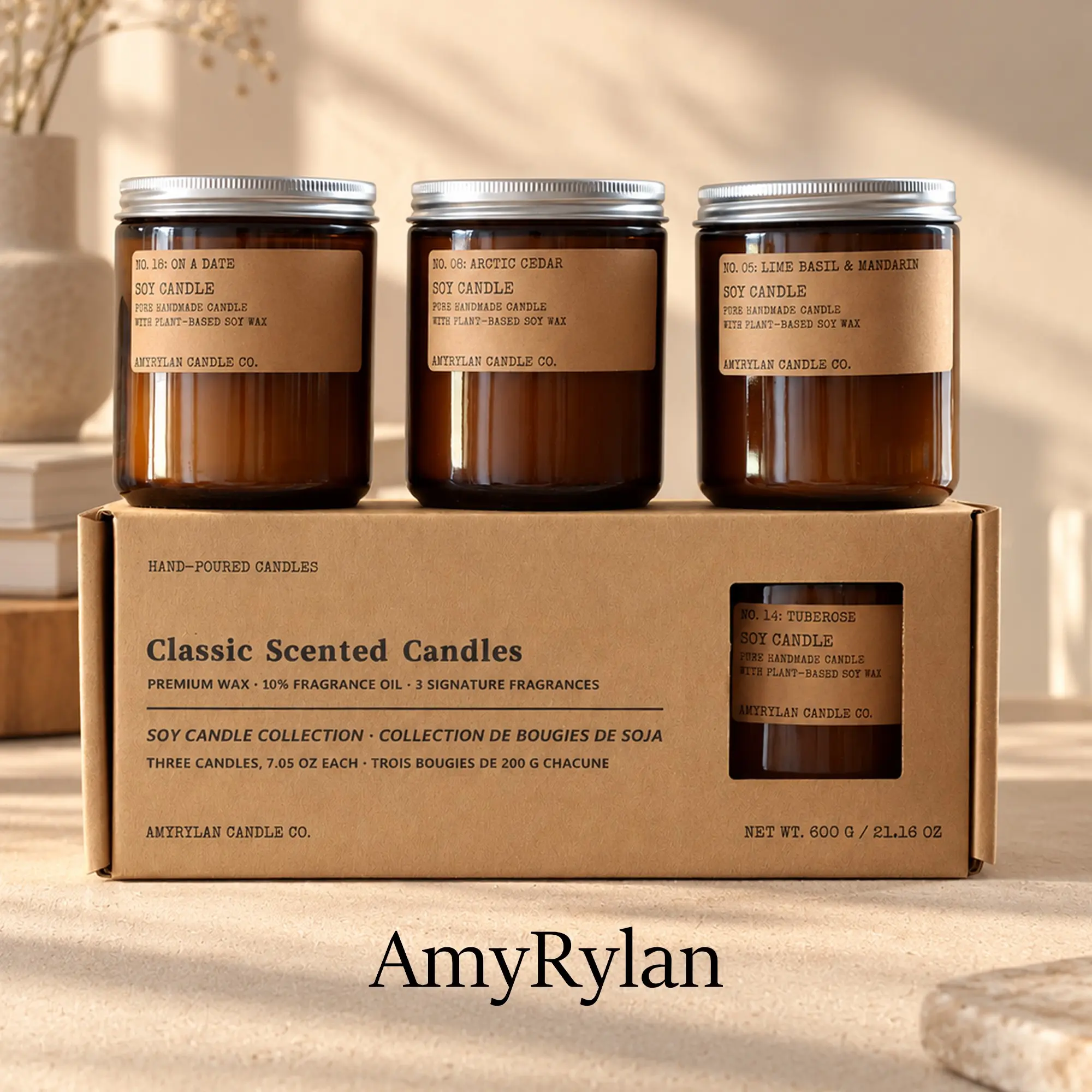 Amyrylan Three-Piece Scented Candle Set, Jar 600g, Premium Wax, Long-Lasting Home Fragrance Candles, Ideal for Household Use