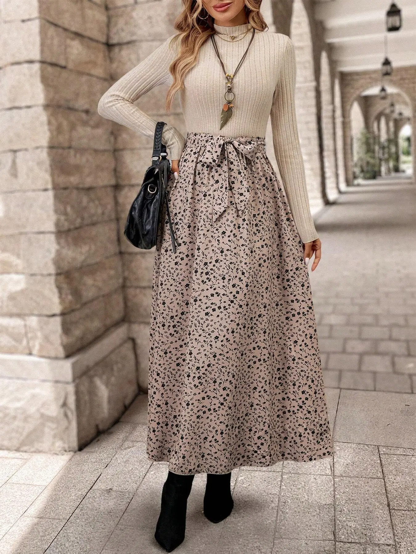 Women's Fall Ditsy Floral Midi Dress, Long Sleeve Top with High Waist Bow Design, Elegant Casual Skirt, Perfect for Brunch, Dates, Office Wear