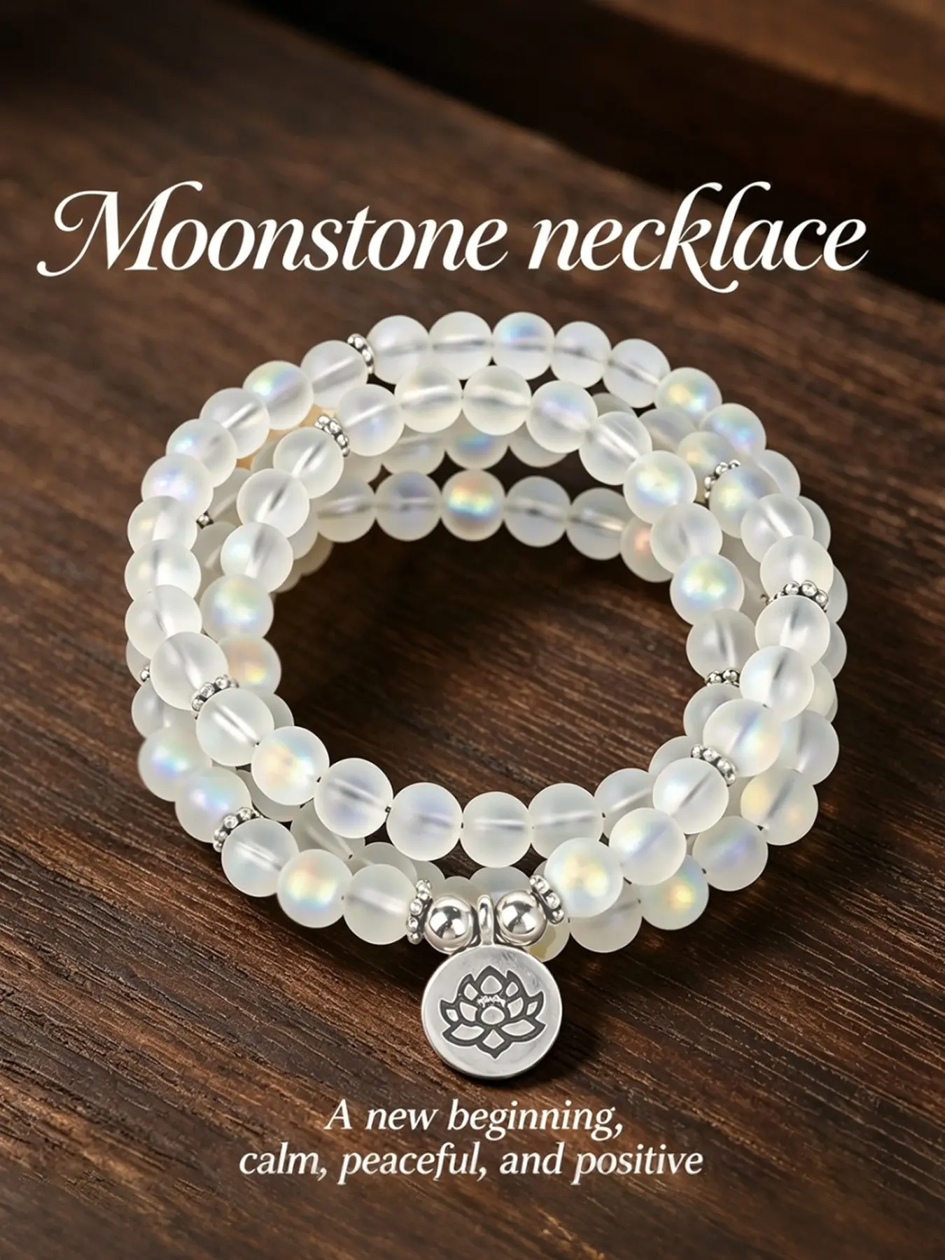 "Sacred Lotus" Genuine Moonstone Necklace - Healing Crystal Jewelry, Spiritual Aura Crystals for Inner Peace, Mindful Calm & Positive Energy Transformation