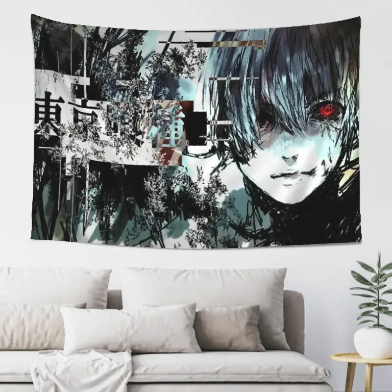 Black White Anime Ghoul Tapestry, Red Eye Manga Collage Wall Hanging for Bedroom Dorm Game Room Studio, Dark Japanese Comic Home Decor Wall Art, Peach Skin Fabric, Multiple Sizes Available