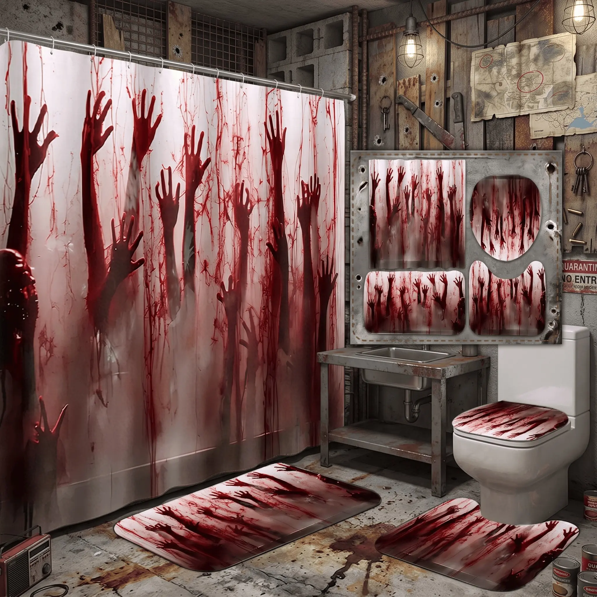 4pcs Horror Bloody Ghost Hands Zombie Goth Shower Curtain Set for Bathroom with Rugs, Nonslip Rugs, Toilet Lid Cover,The floor mat fabric is thicker and softer! Halloween Spooky Decor, Slaughterhouse Theme