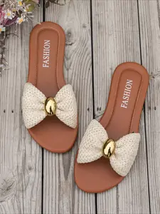 Vintage Bow Woven Flat Slides, Ladies Women Non Slip Soft Sole Summer Outdoor Beach Slippers