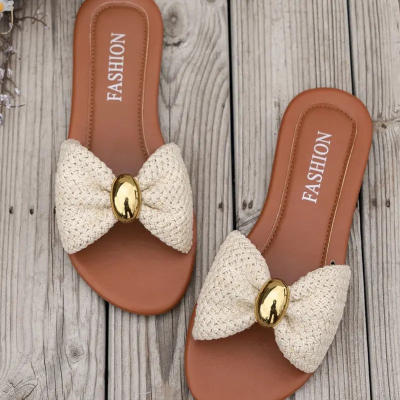 Vintage Bow Woven Flat Slides, Fashion Slides, Women's Non-Slip Soft Sole Slippers for Summer Outdoor Beach, Footwear