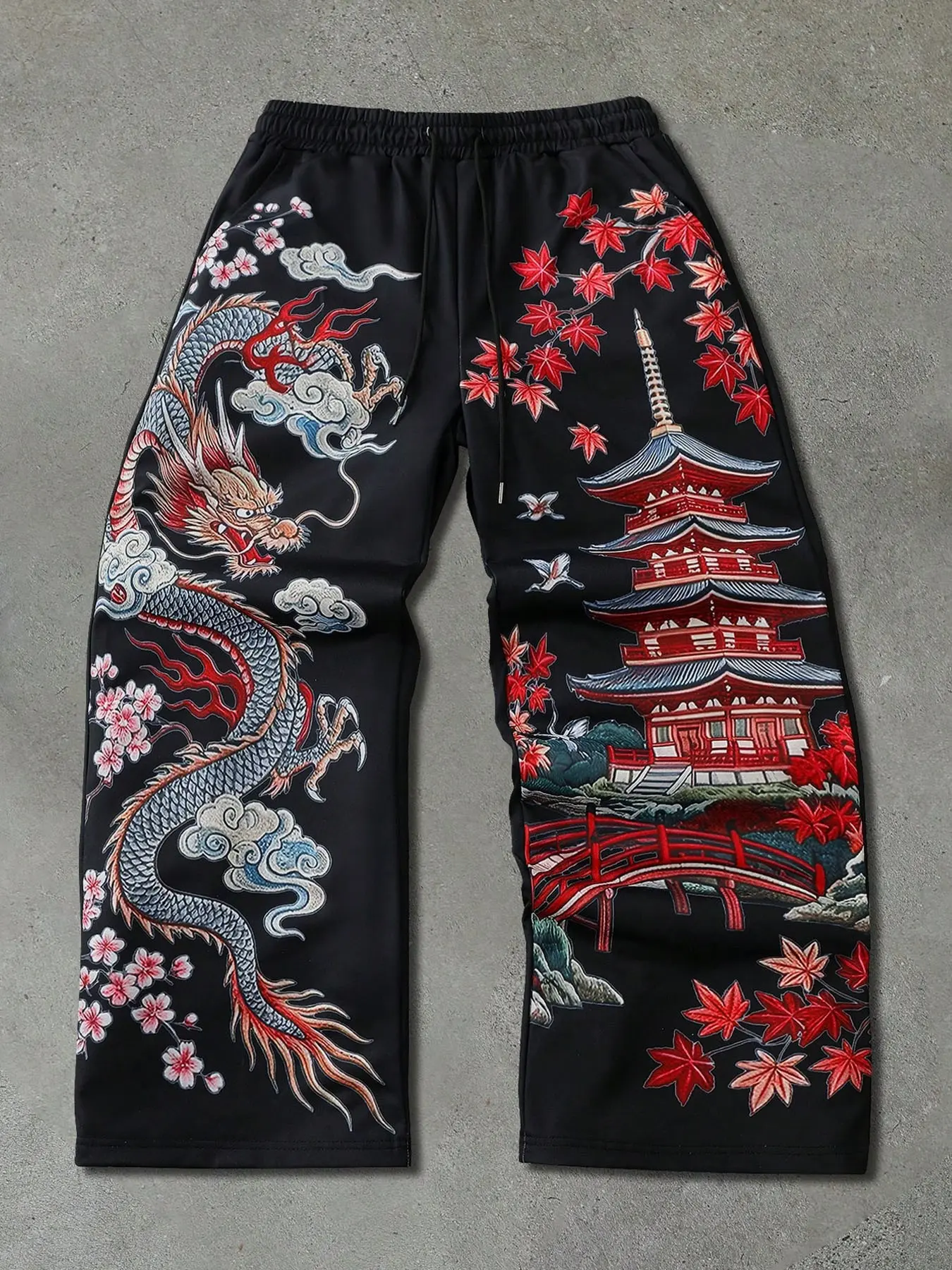 Men's Dragon Pattern Embroidered Sweatpants, Street Style Loose-Fit French Terry Pants, All-Season Animal Print Casual Trousers