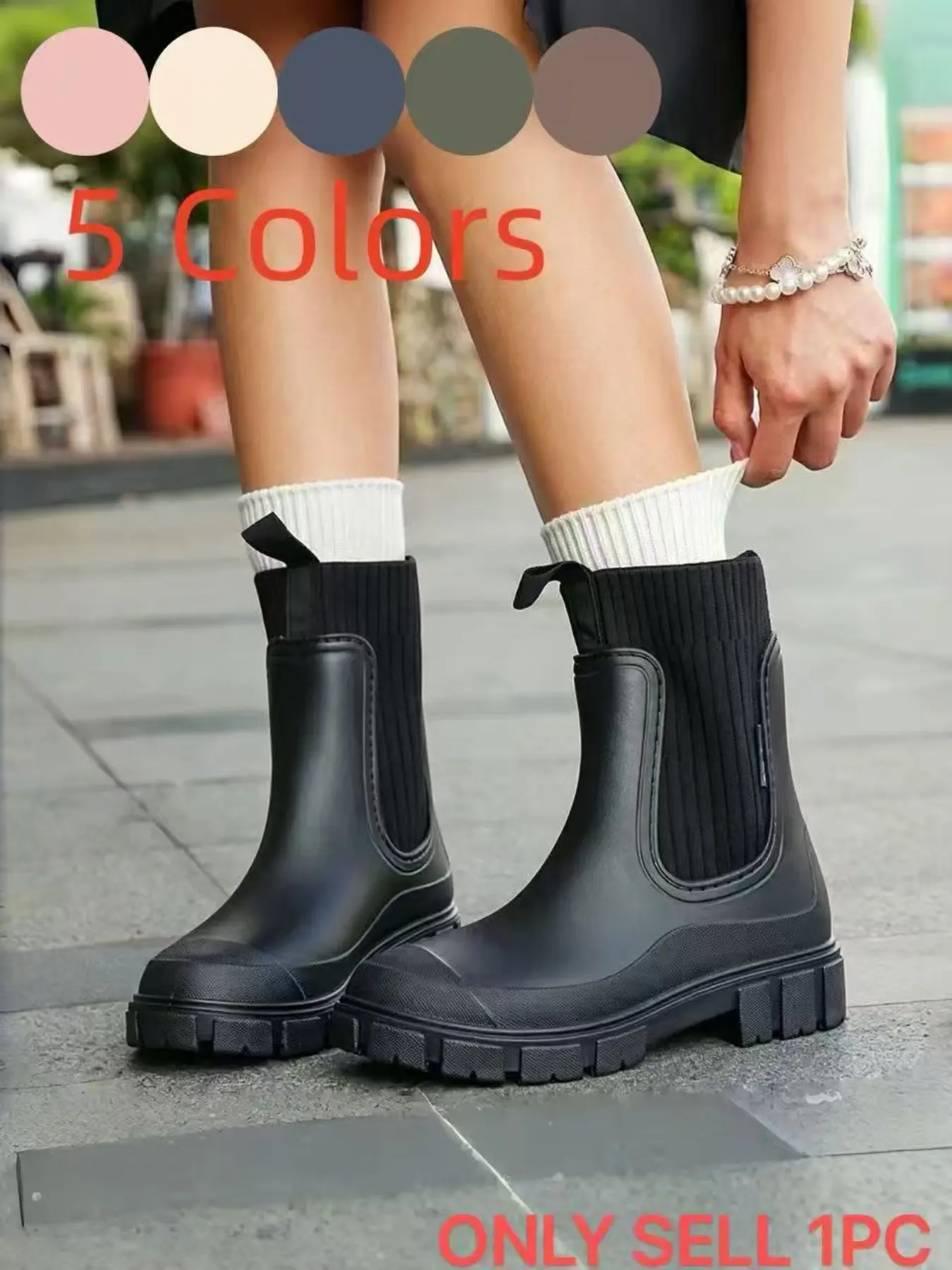 Women's Fashion Plain Rain Boots, Waterproof Anti-Slip Rubber Knit Cuff Short Boots, Casual Outdoor Walking Shoes, Trendy Ankle Boots, Duck Boot