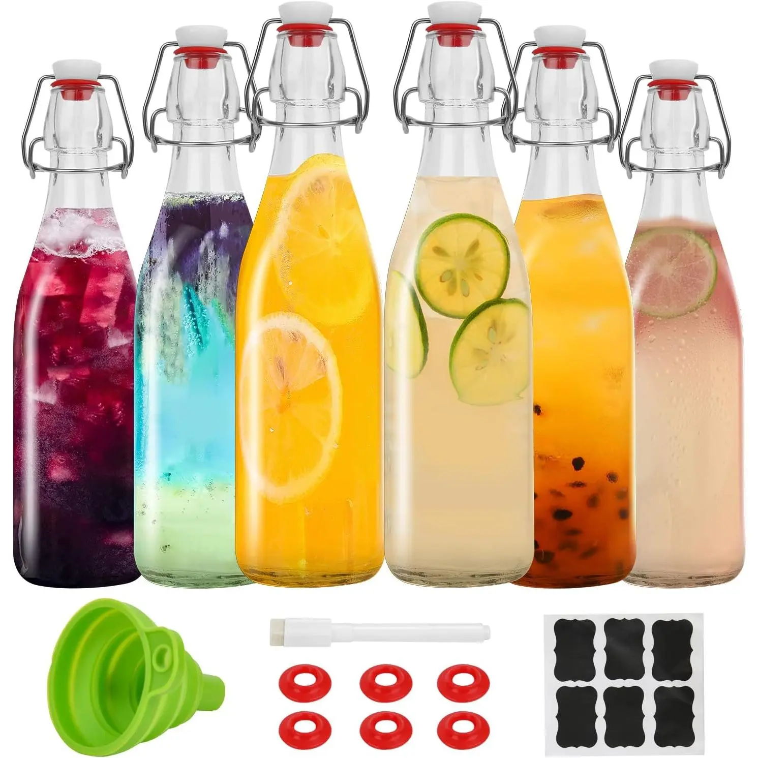 Swing Top Glass Bottles 16oz,Glass  Bottles With Airtight Caps for  Brewing,Kombucha, 2nd Fermentation, Water Kefir, Beverages, Soda, Oils, Vinegar, Limoncello(6 Pack