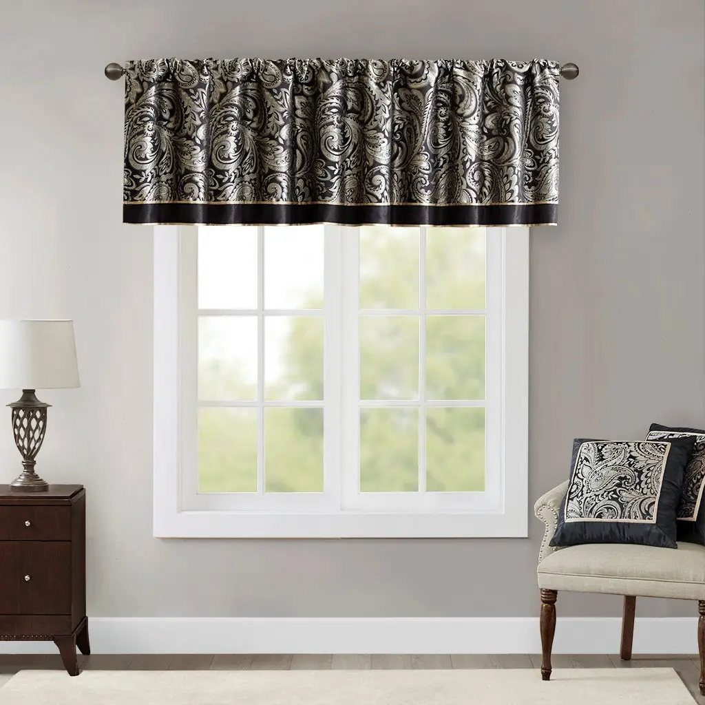 Nokaa Jacquard Window Valance 50x18 Inch Black Polyester Curtain Valance for Living Room Bedroom Kitchen Window Dressing, Light Filtering Rod Pocket Top Treatment, Single Panel, Easy Install, Modern Home Decor