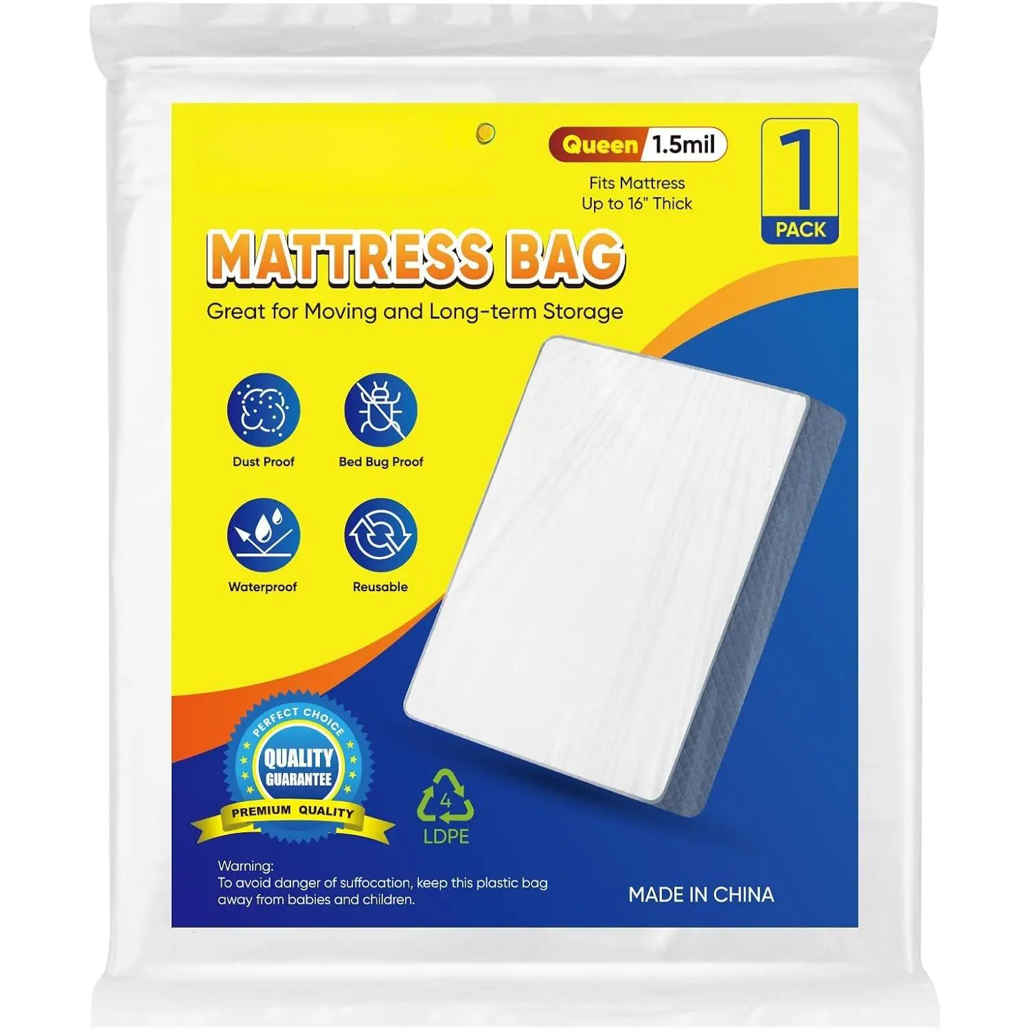 1PK Plastic Mattress Bag for Moving Storage,  Mattress Protector Cover, Heavy-Duty Mattress Moving Supplies (1.5 mil, )