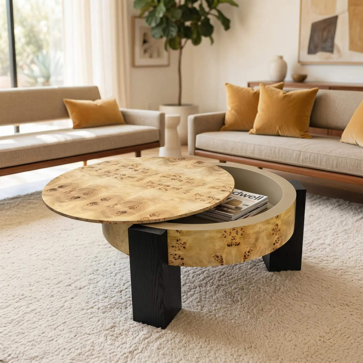 33'' Round Burl Wood Storage Coffee Table, Organic Modern Hidden Compartment Cocktail Table, 3 Block Legs Sturdy Center Accent Table for Living Room,  Small Space, Natural Burl & Black