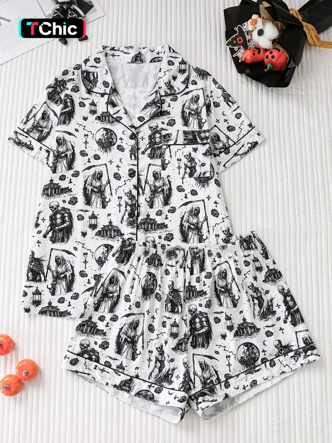 Women's Halloween Pajama Set, Dark Gothic Style, Skull Print, Button Front Short Sleeve Top, Comfortable Loose Shorts, 2-Piece Sleepwear, Loungewear Pjs