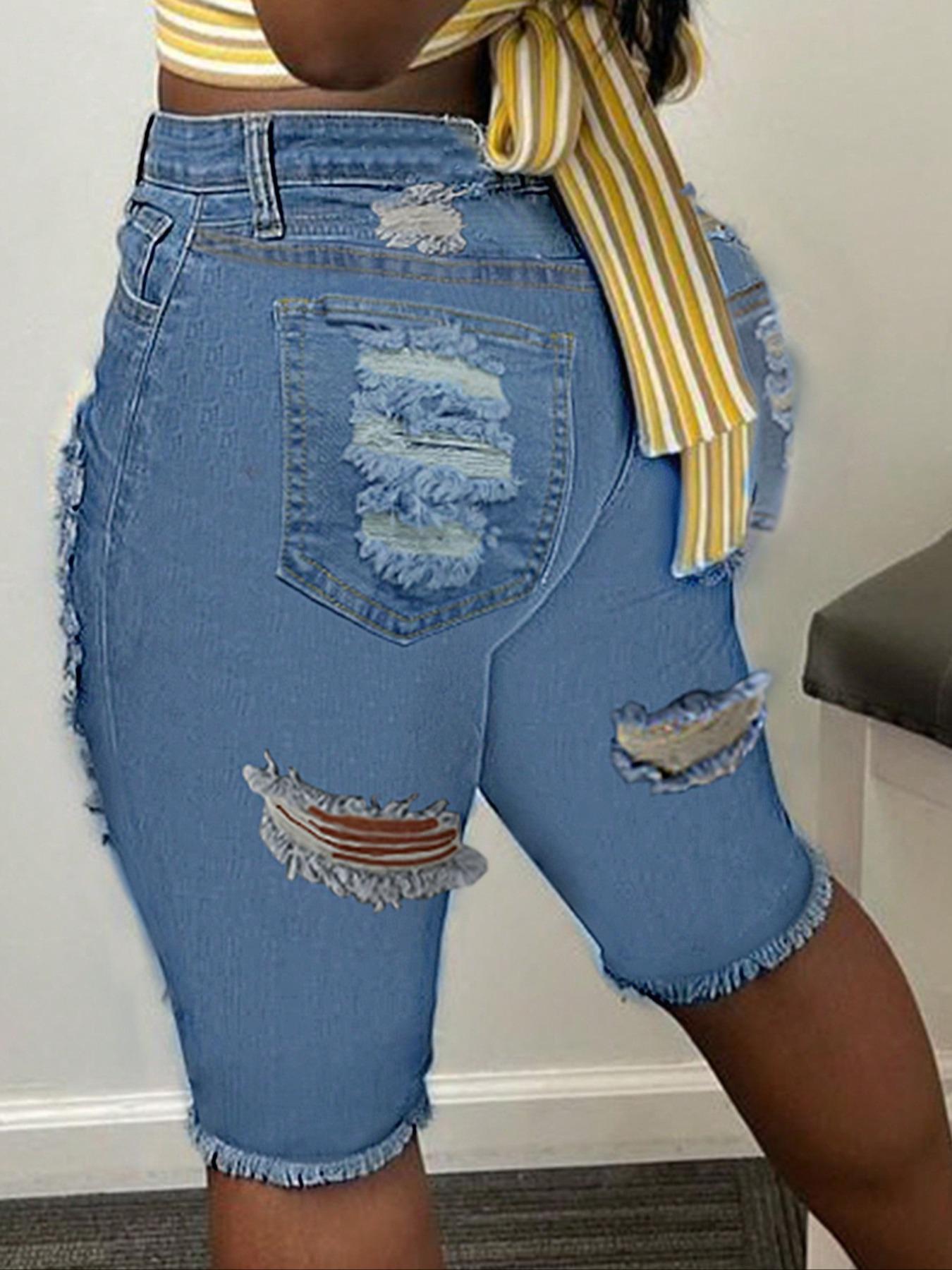 Women's Ripped Button Fly Denim Shorts, Casual Comfy Skinny Shorts for Daily Wear, Ladies Bottoms for Summer, Womenswear