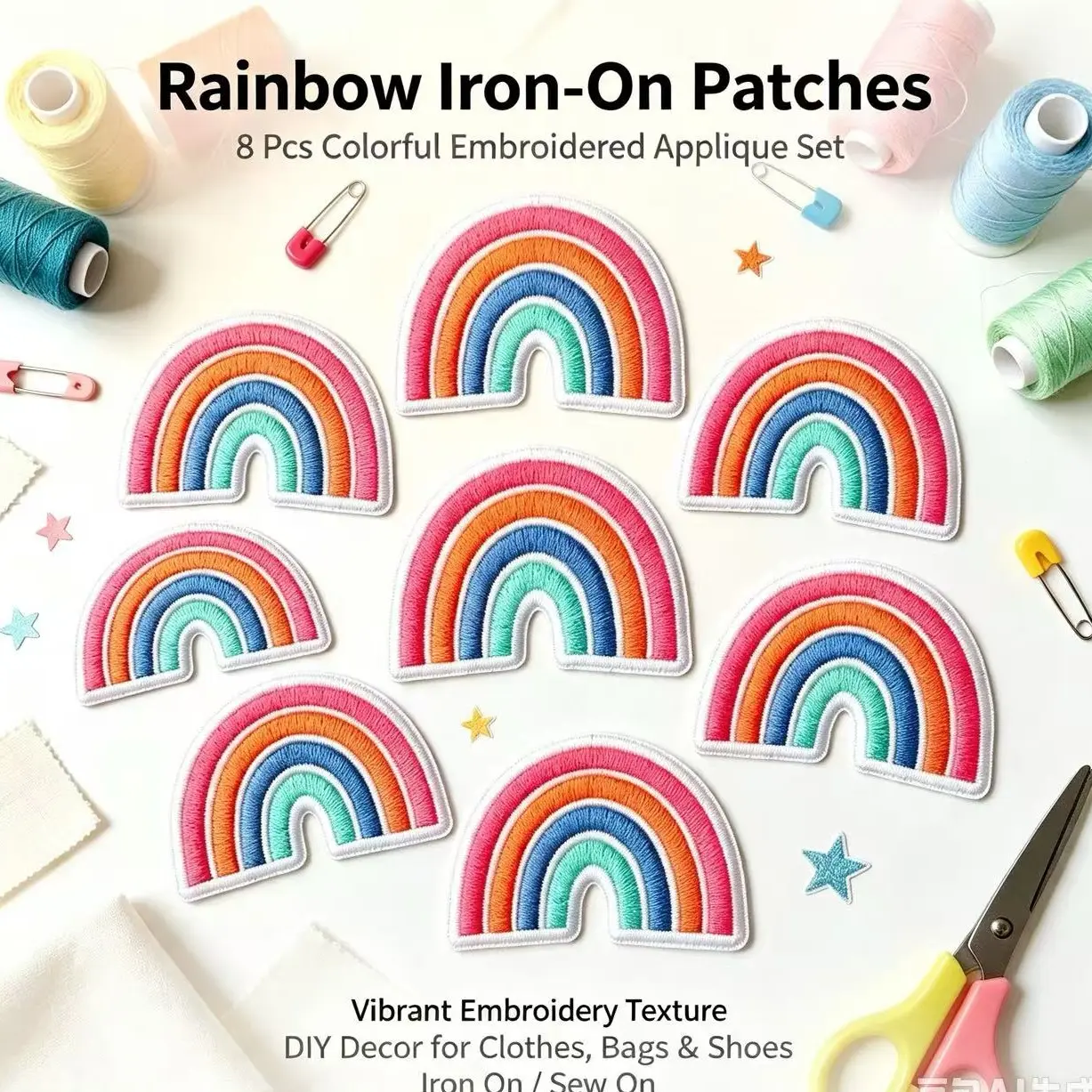 9 Rainbow Pattern Iron-On Embroidery Patches - Fun Designs - Easy to sew or iron, durable fabric patches suitable for personalizing Jackets/Bags, DIY crafts, and more, Diy Home Projects, Cricut Project Ideas