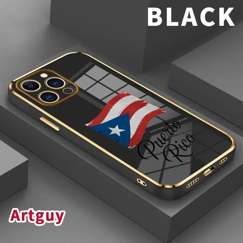 Electroplating Phone Case for iPhone 17 Air 15 Pro Max 16 14 Plus 13 12 11 Puerto Rico Flag Patterned Classic Square Design Non Slip TPU Soft Shell