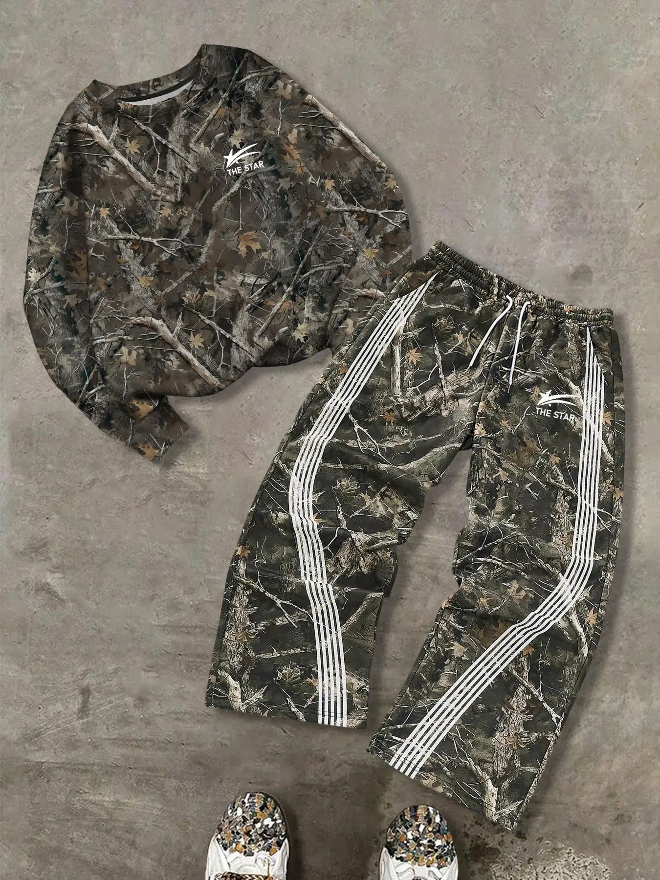 Fashion Stylish Streetwear Y2K Style Jungle Camo Print Hoodie & Pants Set, Unique Leaf Pattern, Side Stripe Design, Perfect for Sports & Casual Wear