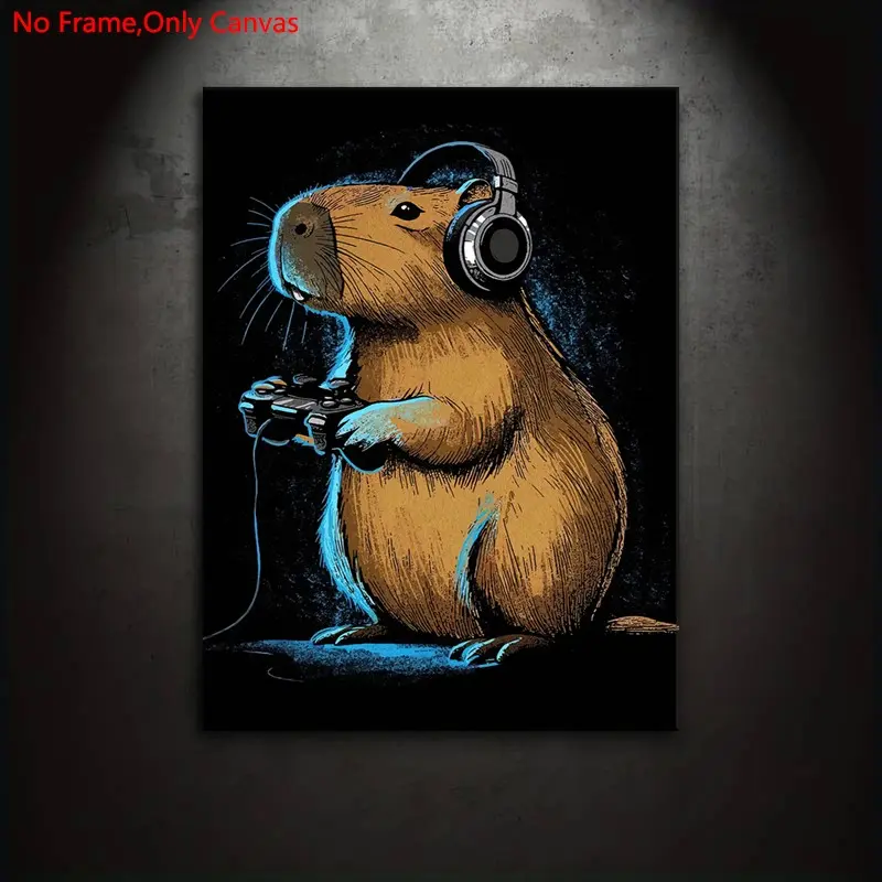 1 Piece/Set Frameless Canvas Painting Print Poster,Classic Pop Comic Art,Cartoon Capybara With Headphones,Perfect Gift for Gaming Lovers,Ideal Wall Decor Mural for Bedroom,Study,Office,Living Room,Dorm Hallway,Kitchen Room Aesthetics