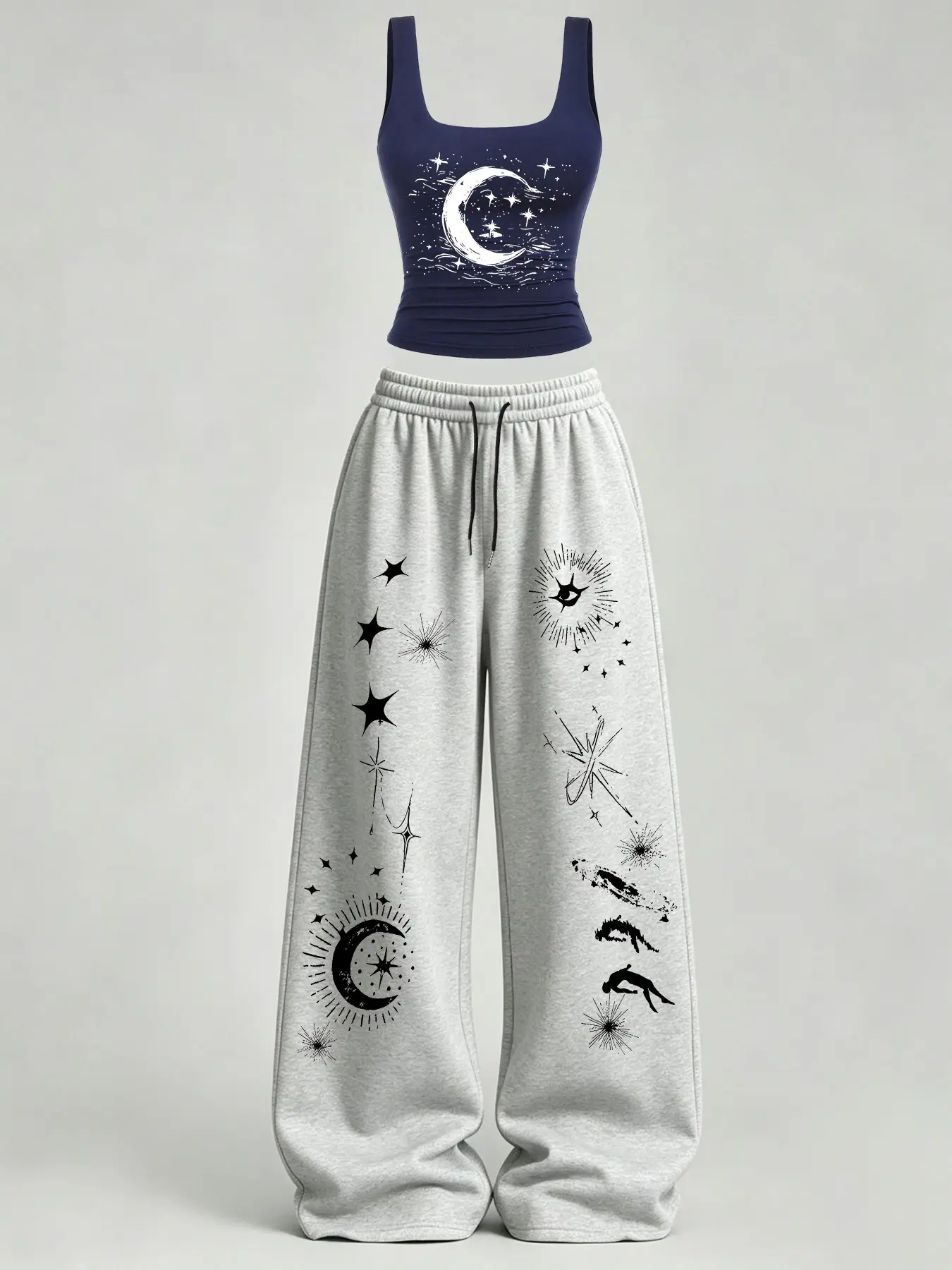 Women's Casual Home Wear Set, U-Neck Slim Fit Tank Top + Loose Pants, Star Moon Print, Y2K Street Style, Daily Commute, Campus, Home Relax