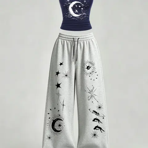 Women's Casual Home Wear Set, Two Pieces Outfits, U-Neck Slim Fit Tank Top + Loose Pants, Star Moon Print, Y2K Street Style, Daily Commute, Campus, Home Relax