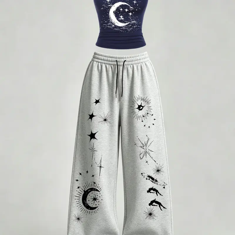 Women's Casual Home Wear Set, Two Pieces Outfits, U-Neck Slim Fit Tank Top + Loose Pants, Star Moon Print, Y2K Street Style, Daily Commute, Campus, Home Relax