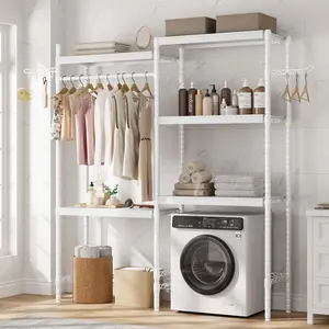 Garvee Adjustable Height 5-Tier Laundry Storage Shelves with Double-Layer Wood Shelves, Space-Saving Over Washer/Dryer Organizer with Hanging Rod & Hooks, Available in White and Grey, Multiple Sizes (28" to 65")